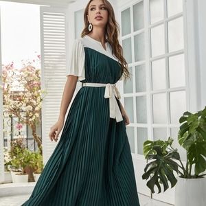 Two Tone Pleated Belted Dress